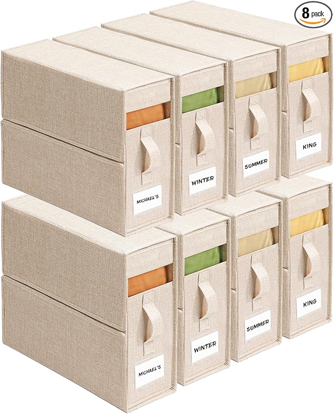 Sheet Organizers and Storage for Linen Closet, 8Pack Beige | 1200D Linen-Type Cloth, Fits King and Queen Sheet Sets, Clear Window and Label Slot, Foldable Dustproof Storage with Handle