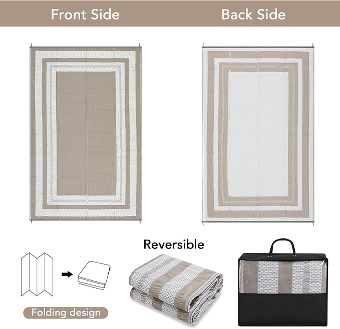 Reversible Outdoor Rug 10x14ft Waterproof Lightweight Plastic Straw Patio Carpet Easy Clean Perfect for Porch RV Deck Picnic Backyard Camping Gray/White