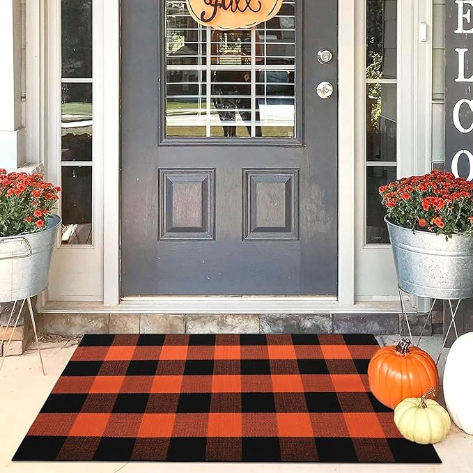 Buffalo Plaid Outdoor Rug 27.5" x 43" Orange and Black Checkered Area Rug Halloween Washable Doormats Fall Indoor Outdoor Rugs for Layered Front Door Mats, Porch, Entryway, Kitchen, Farmhouse