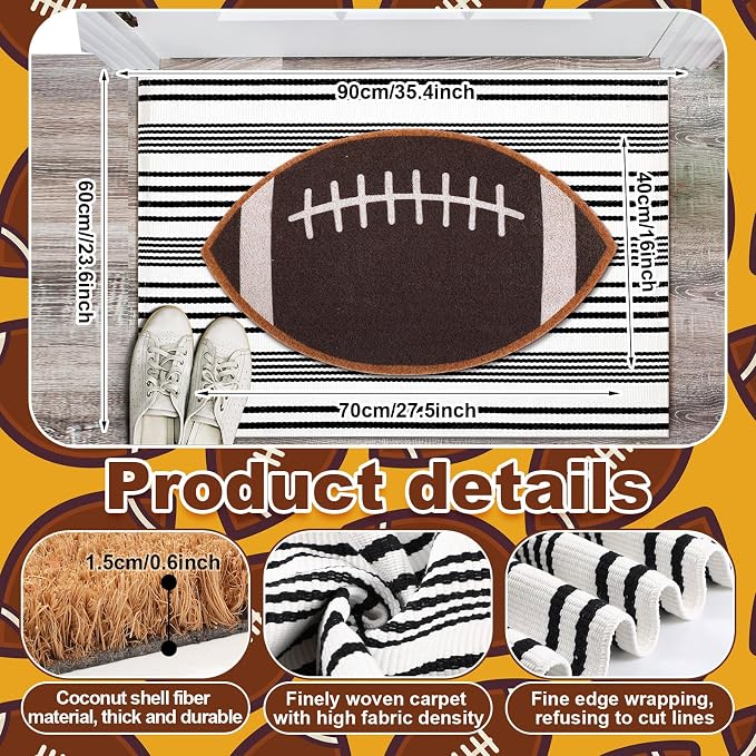 Moucuny 2 Pcs Football Coir Doormat Outdoor 16'' x 28'' Rugby Ball Welcome Outdoor Mats Layered 24'' x 35'' Black White Striped Rugs for Front Door Porch Entryway Decor for Game Day, Home Gym