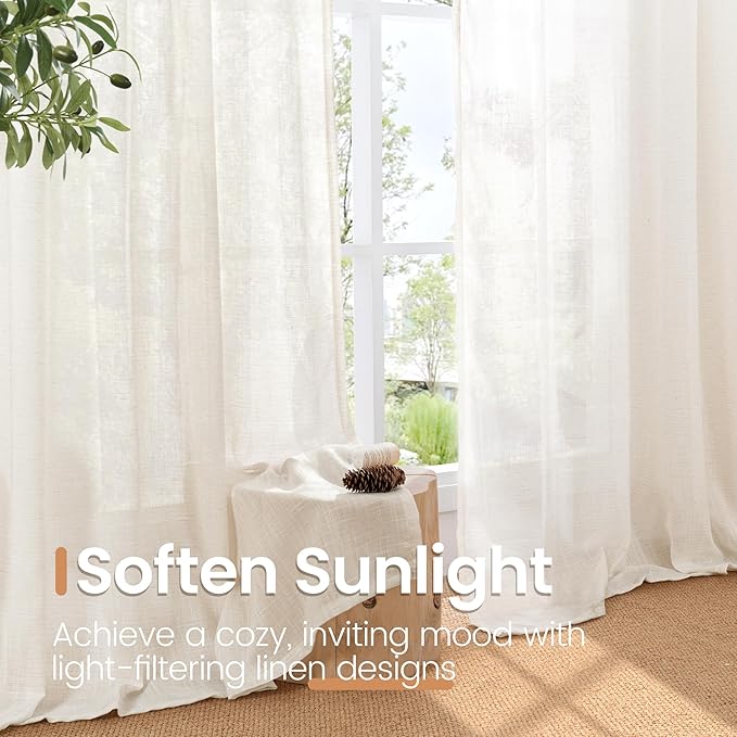 BGment Short Linen Curtains 40 Inch Length for Kitchen Windows - Rod Pocket Natural Drapes Light Filtering for Cafe Over Sink Decorative Sheer Lightweight Rustic, 2 Panels Set, 30 X 40 Inch