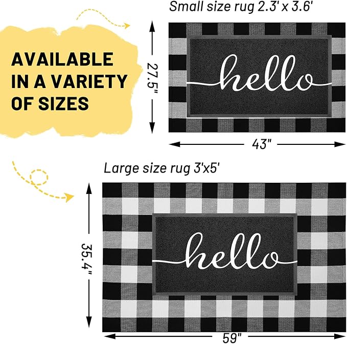 KILOCOCO Buffalo Plaid Checkered Rug 3x5 ft Black White Front Door Rug | Machine Washable Front Porch Rug, Outdoor Indoor Entryway Rug, Cotton Layered Doormat, Low Pile Rugs for Kitchen Patio
