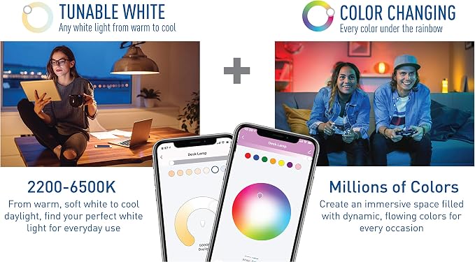 Cree Lighting Connected Max Smart Led Bulb A19 60W Tunable White + Color Changing, 2.4 Ghz, Works with Alexa and Google Home, No Hub Required, Bluetooth + WiFi, 1Pk