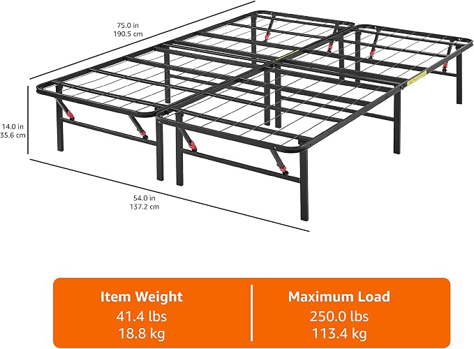 Amazon Basics Bed Frame with Ample Underbed Storage, Foldable Metal Platform, Sturdy Steel, No Box Spring Needed, 14 inches High, Noise-Free Support, Easy Assembly Tool-Free Setup, Full Size, Black