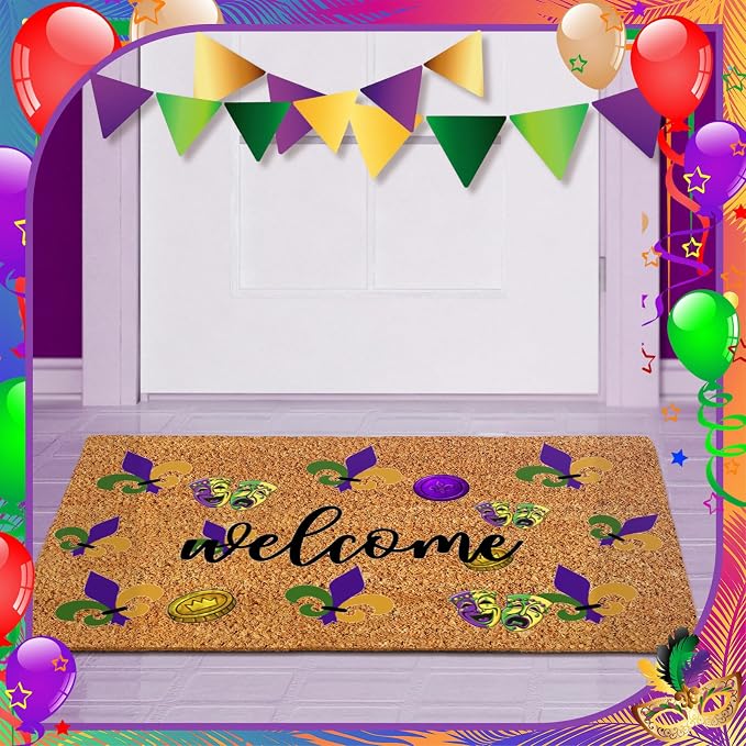 Ceenna Mardi Gras Coir Doormat Outdoor Mardi Gras Welcome Outdoor Rug Fleur De Lis Non-Slip Coir Carnival Front Door Mats Purple Yellow Green Decorations for Front Porch Entryway Bathroom Decor
