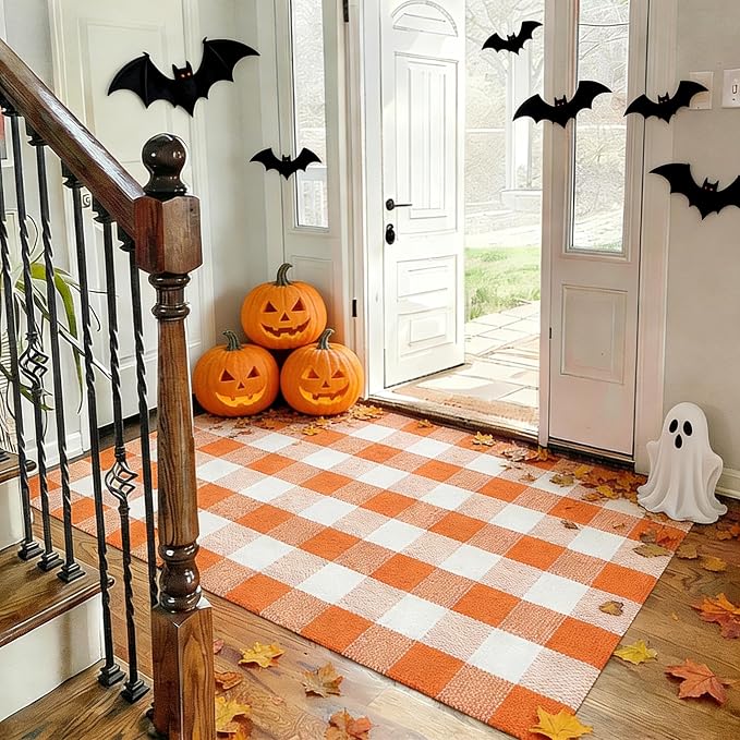 Halloween Orange and White Buffalo Plaid Rug,3'x5' Indoor Outdoor Washable Rug, Spooky Accent Mat for Halloween Indoor Outdoor Decor, Porch, Living Room, Entryway, Patio
