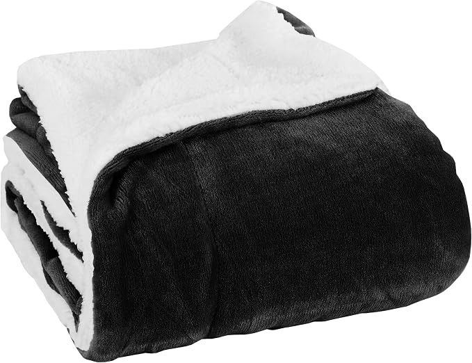 Elegant Comfort Luxury Ultra-Plush Velvet Touch Fleece Throw Soft, Warm, Cozy| Micromink Sherpa-Backing Reversible Blanket for Bed, Sofa and Couch, Solid Black