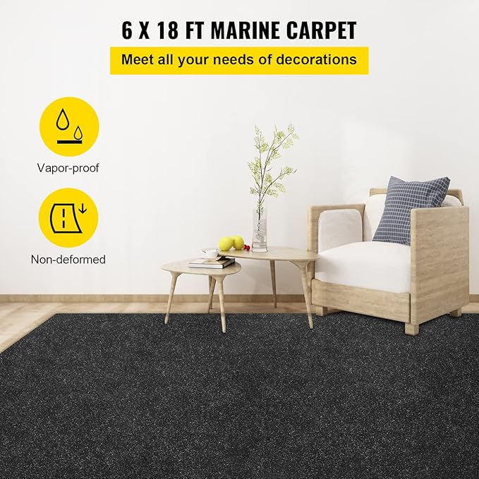 Happybuy 6 ft x 18 ft Charcoal Black Marine Carpet for Boats Waterproof - 0.18" Thick Indoor Outdoor Rug Carpet Roll for Home Patio Porch Deck
