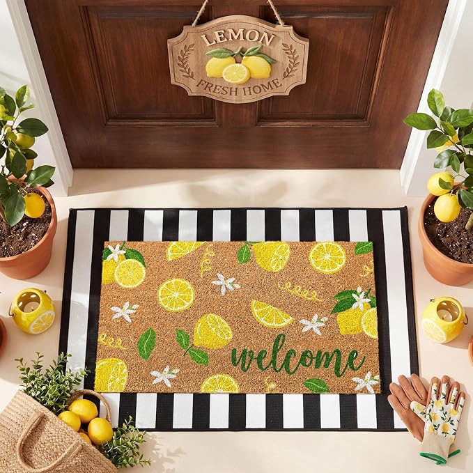 Moucuny 2 Pcs Lemon Coir Doormat Outdoor Summer Lemon Welcome Mats for Front Door 24'' x 35'' Black and White Striped Outdoor Rug 16'' x 28'' Layering Non Slip Summer Welcome Mat for Porch Front Decor
