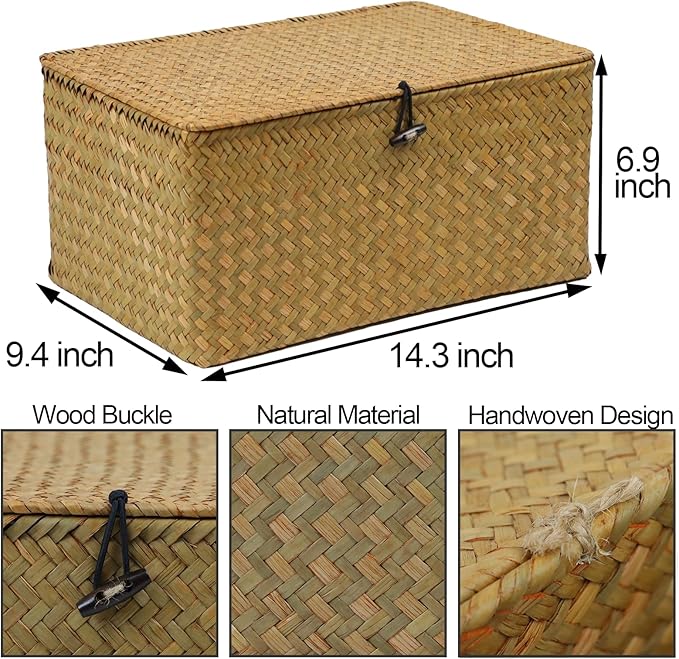 Seagrass Wicker Storage Basket with Lid, X-Large, Natural | Extra Large Box, Shelf Organizer, Rectangular Woven Bin, Multipurpose Home Storage, Natural Decor, 14.3 x 9.4 x 6.9