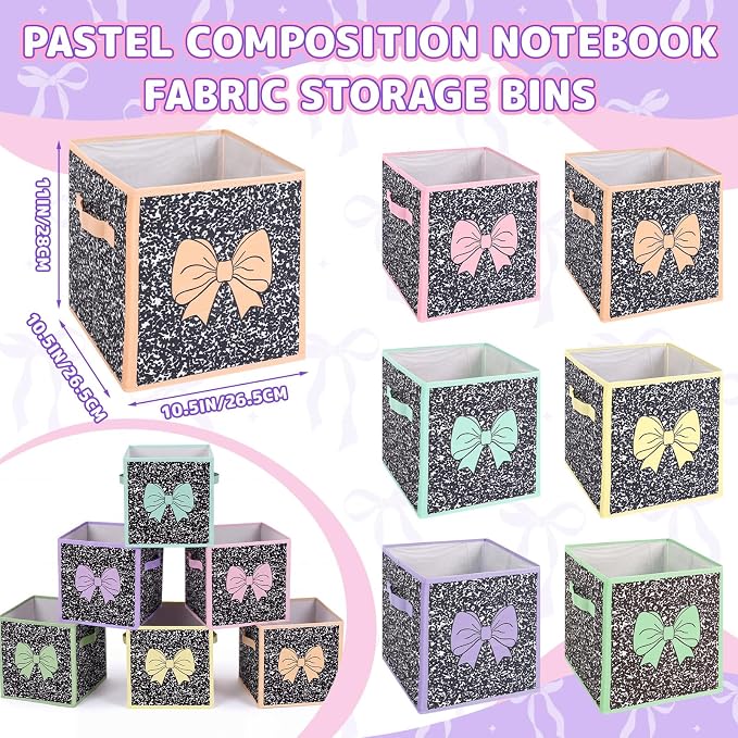 Kathfly 6 Pcs 11" Composition Notebook Fabric Classroom Storage Bins Pastel Bow Cubby Bins Storage Baskets with Handles for School Classroom Lost and Found Prize Office Home Organizer Supplies