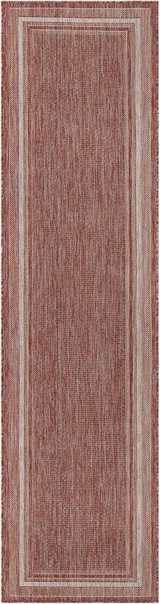 Unique Loom Outdoor Border Collection Area Rug - Soft Border (2' 7" x 10' Runner, Rust Red/ Ivory)