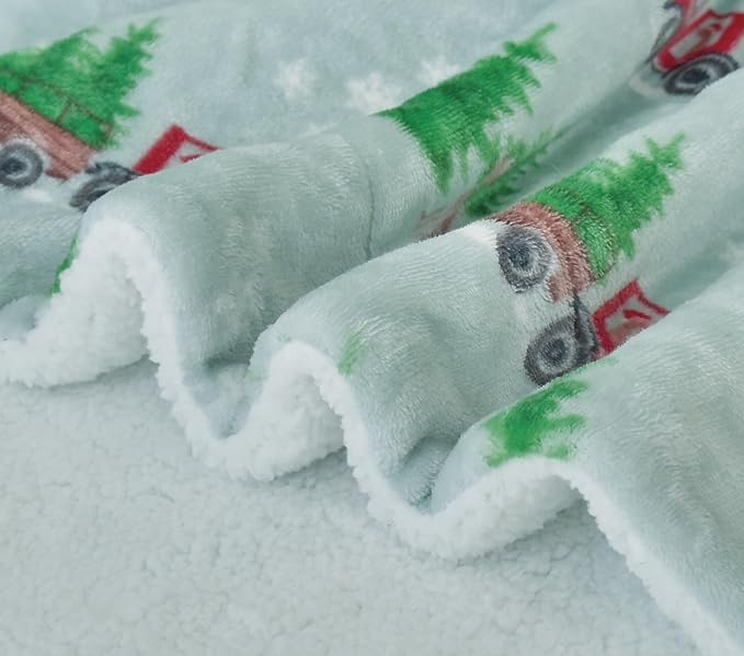 Elegant Comfort Reversible and Ultra-Plush Flannel Fleece-Winter Christmas Sherpa Throw- Lightweight Soft and Cozy-Holiday Decorative Throw, Perfect for Lounging, 50 x 60 inches, Tractor Tree