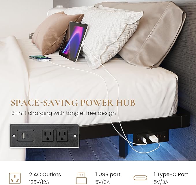 SHA CERLIN Twin Size Floating Bed Frame with Smart LED Lights, Black | Modern Design Metal Platform Bed with Power Strip, No Box Spring Needed, Noise-Free, Easy Assembly