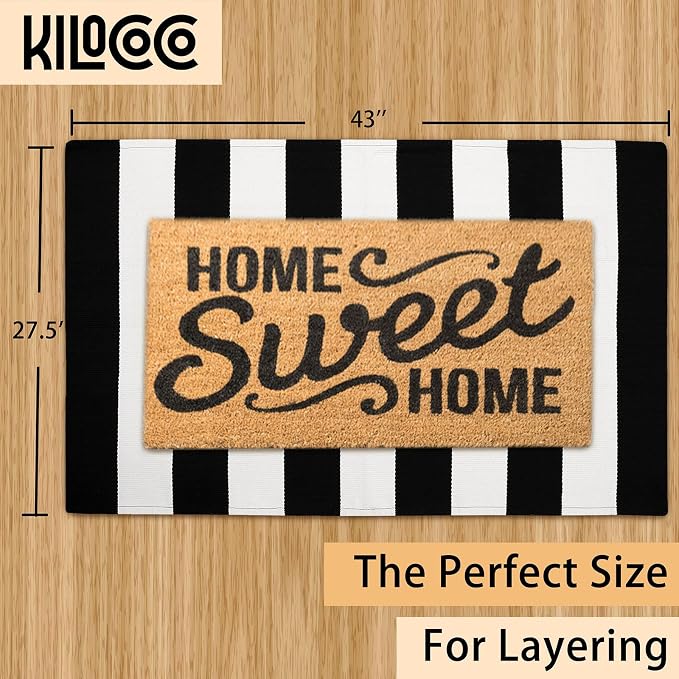 KILOCOCO Black and White Striped Rug 2.3'x3.6' Indoor Outdoor Rugs Front Door Mat Hand Woven Cotton Washable Striped Layered Doormats for Front Porch/Kitchen/Farmhouse/Entryway/Patio | Indoor Outdoor Rug, Cotton Layered Doormats, Low Pile Front Porch R...
