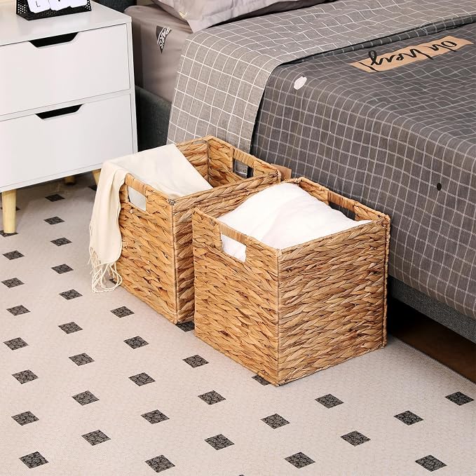 11x11in Collapsible Wicker Storage Basket with Handles 2 Pack | Handwoven Storage Bins for Organizing Storage Basket for Home, Organizer, decor