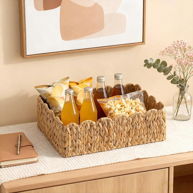 Scalloped Basket, Wicker Storage Baskets, Hand Woven Baskets for Shelves,Natural Baskets for Organizing (Water Hyacinth&M-14" L x 10.5" W x 6" H)