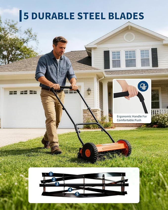 PeakPursuit Manual Push Reel Lawn Mower – 16-Inch 5-Blade, Adjustable Cutting Height, Lightweight, Compact Storage, Easy Assembly, Efficient for Small to Medium Yards – Red
