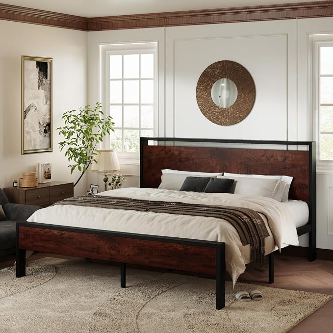 Allewie King Size Bed Frame, Heavy Duty 12 Metal Slats Support, Mahogany | Wooden Headboard and Footboard, Modern Platform Bed, No Box Spring Needed, Under-Bed Storage, Noise Free, Easy Assembly