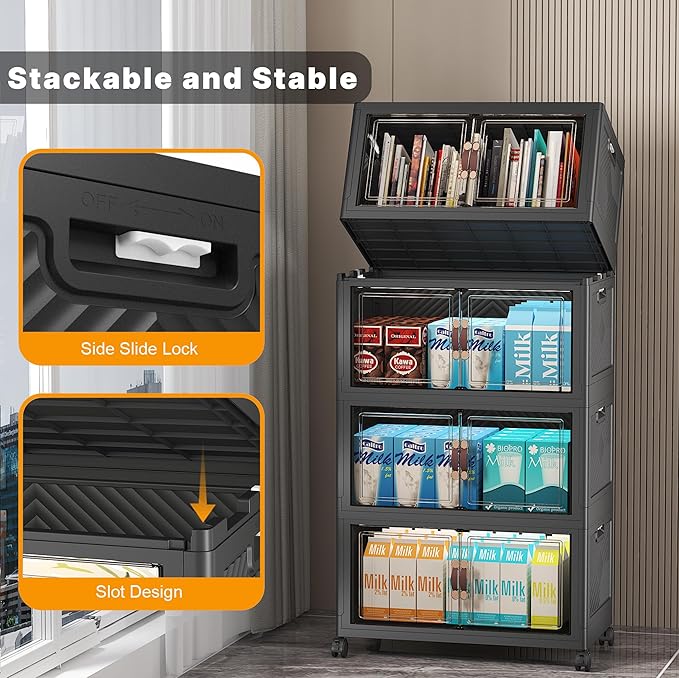 UAMFURI Stackable Storage Bins, 440QT Collapsible Drawers with 2 Lids | Large Capacity, Magnetic Door, Stack Lock, Rolling Wheels, Foldable Design, Organizers and Storage for Bedroom Dorm Garage
