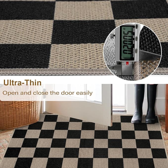 Rugalia Easy Jute Checkered Runner Rug, 2x6 Black Modern Washable Rugs Runner for Hallway Non-Slip Kitchen Runner Rug, Farmhouse Checkerboard Indoor Outdoor Carpet for Porch Laundry Entryway
