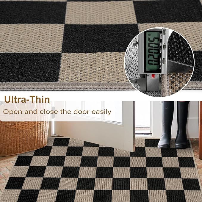 Rugalia Easy Jute Black Checkered 5x7 Area Rug, Washable Modern Rugs for Living Room Non-Slip Checkerboard Bedroom Rug, Farmhouse Indoor Outdoor Carpet for Patio Dining Room Classroom