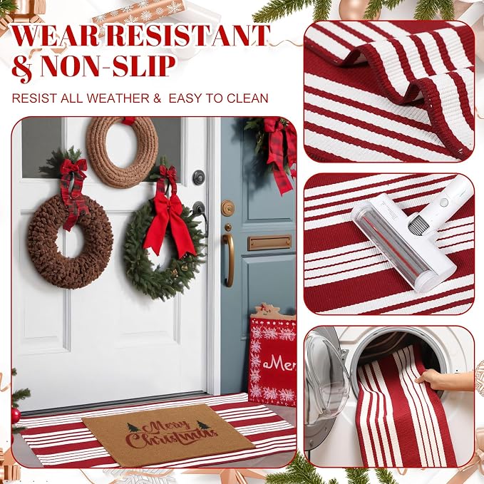 2 Pcs Outdoor Door Mat Combo Set Layered Outdoor Rug and Coir Welcome Doormat Non Slip Outside Floor Mat for Front Porch Entryway Patio Yard Decor(Christmas Tree,24'' X 51',18'' X 28'')