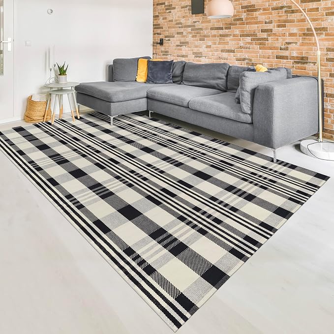 Buffalo Plaid Rug 5x8 Cotton Woven Rug Black and Off White Checkered Outdoor Rug Front Porch Decor Washable Indoor Outdoor Area Rug for Living Room Bedroom Dining Room Patio Farmhouse Carpet