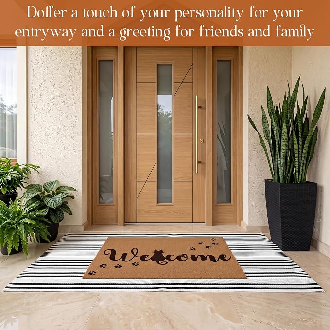 2 Pcs Outdoor Door Mat Combo Set Layered Outdoor Rug and Coir Welcome Doormat Non Slip Outside Floor Mat for Front Porch Entryway Patio Yard Decor(Cat Paw,24'' X 51',18'' X 28'')