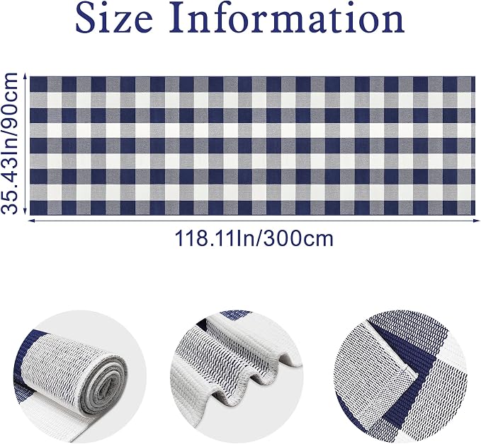 Buffalo Plaid Runner Rug 3x10 Feet Navy and White Checkered Runner Rug Cotton Woven Farmhouse Floor Mat Washable Rugs for Hallway Kitchen Laundry Bedroom Living Room