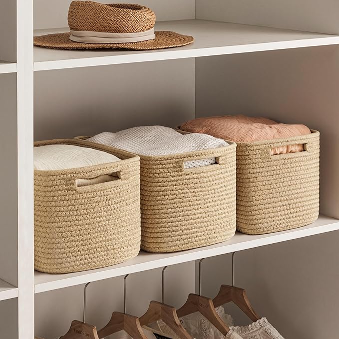 4 Pack Storage Baskets for Organizing, Woven Baskets for Shelves, Brown | 13"Lx9"Wx7.5"H, Woven Basket, Cotton Rope Basket, Toy Storage, Cube Shelf, Gift Baskets Empty, Home Decor