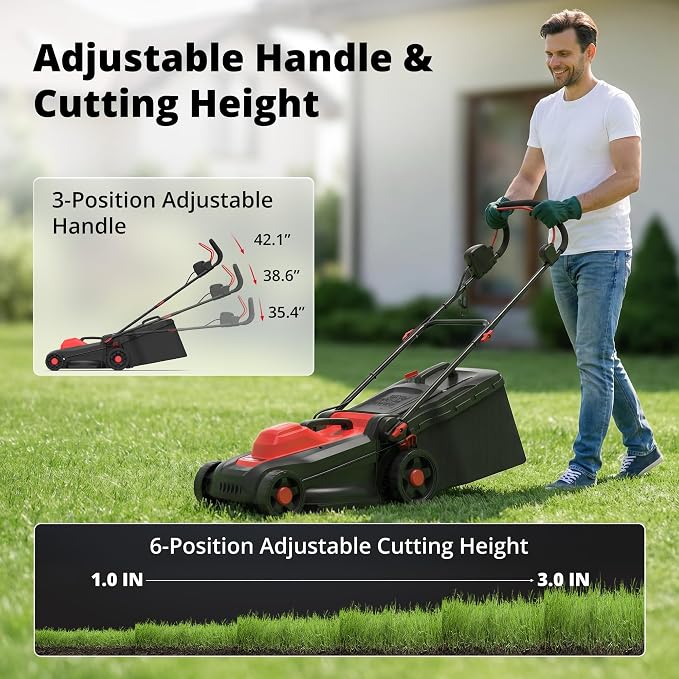 AMERISUN 14-Inch Corded Electric Lawn Mower, 12.5 Amp 3400RPM 2IN1 Mulching & 10-Gallon Collection Bag, Push Mower with 6-Position Cutting Height, Lightweight Electric Mower for Residential Yards