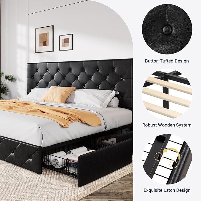 Allewie King Size Black Metal Faux Leather Platform Bed Frame with 4 Drawers