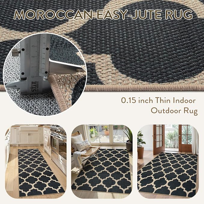 Lahome Moroccan Easy Jute Runner Rug, Black Outdoor Washable Runner Rugs for Outdoor Porch Hallway, Geometric Trellis Woven Long Carpet for Doorway, Thin Non Slip Outdoor Decor, 2'6'' x 8'