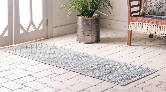 Unique Loom Outdoor Trellis Collection Area Rug - Tribal Trellis (2' x 6' 1" Runner, Light Blue/ Ivory)