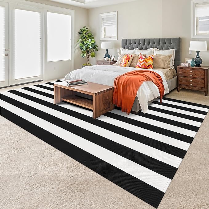 Black and White Striped Rug 5x8 Cotton Woven Rug Farmhouse Washable Indoor Outdoor Area Rug Home Decor Carpet for Living Room Dining Room Bedroom Backyard Large Patio Mat