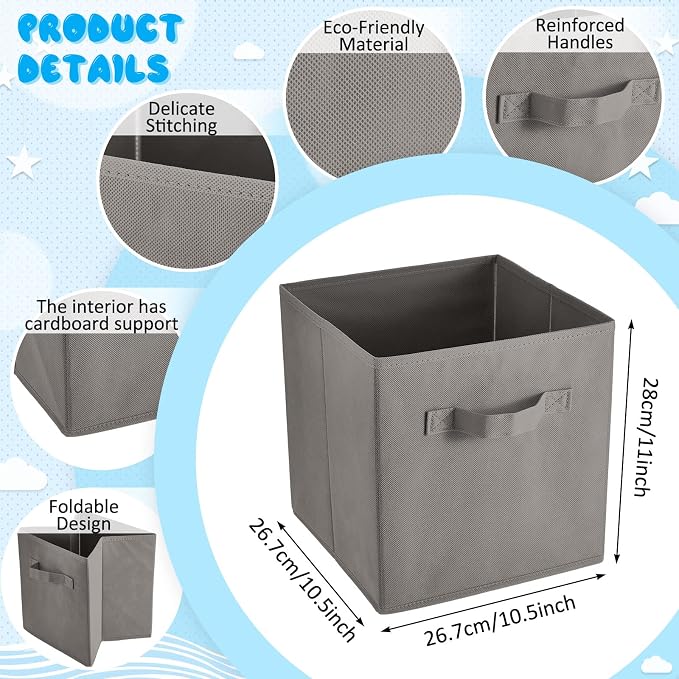 Yinder 12 Pcs Cube Storage Bin Grey 10.5''x10.5''x11'' Black Beige Storage Bins for Playroom Decor Colorful Bins for Kids Foldable Baskets for Nursery Organizer Boxes Fabric Boxes
