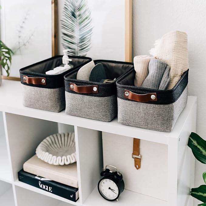 OrganiHaus 12x8in Canvas Storage Baskets, 6 Pack - Fabric Bins for Shelves | Vegan leather handles; a decorative pantry and office organizer, container for desk and books
