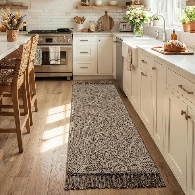 Collive Farmhouse Hallway Runner Rug, 2x6 Hand-Woven Reversible Washable Runners for Kitchen Floor, Natural/Black Cotton Laundry Room Rugs Modern Boho Kitchen Sink Carpet for Bathroom Foyer Bedroom