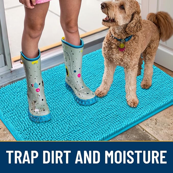 Smiry Dog Door Mat for Muddy Paws 70x32, Absorbent Dirt Trapper, Non-Slip Washable Chenille Entryway Rug for Inside Floor, Aqua Blue, Classic Solid