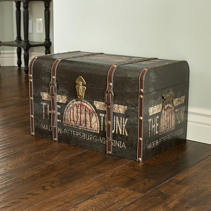Household Essentials Large Decorative Storage Trunk with Vintage Decoupage, Leather and Metal Accents, Green and Black Finish