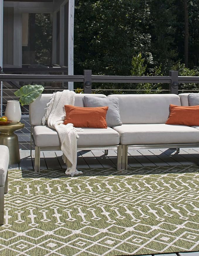 Unique Loom Outdoor Trellis Collection Area Rug - Tribal Trellis (10' 8" Square, Green/ Natural)