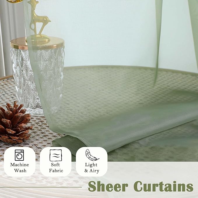 Lecloud Sage Green Sheer Curtains 90 Inches Long 2 Panels, Light Filtering Airy - Image 3