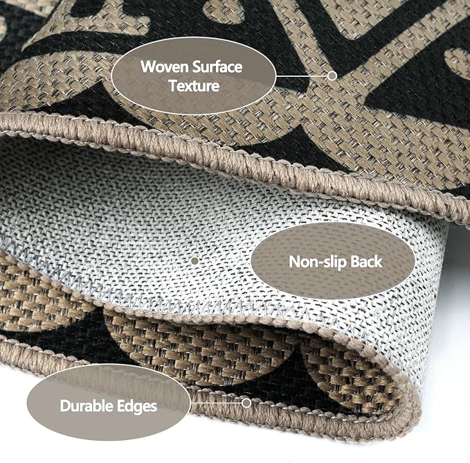 Capslpad Round Faux Jute Rug 6ft Washable Non Slip Area Rugs for Living Room Boho Circle Patio Carpet Low Pile Floral Indoor Outdoor Rug for Backyard Bedroom Kitchen Entryway,Black&Nature