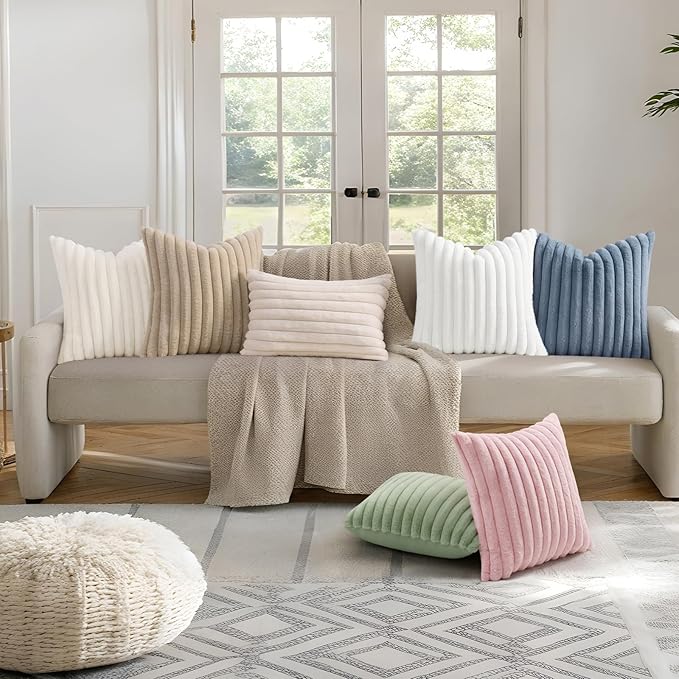 decorUhome Summer Cozy Faux Fur Throw Pillow Covers 12x20 Set of 2 Decorative Soft Plush Striped Lumbar Modern Farmhouse Boho Couch Pillow Cases with Velvet Back for Sofa Bed Living Room, Sage Green