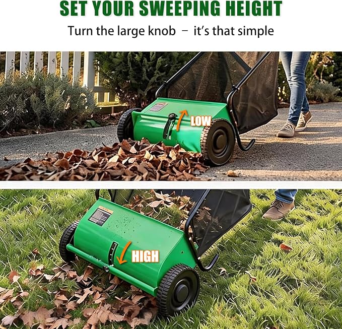 Push Lawn Sweeper, 26 in Grass Sweeper Leaf Collector with 7 Cu.ft Mesh Bag, Yard Sweeper with Adjustable Brush Height and 4 Spinning Brushes for Cleanup, Lawn Care Equipment