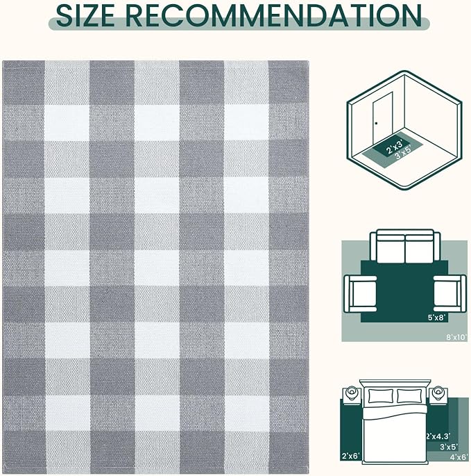 KOZYFLY Buffalo Plaid Area Rugs 2x3 Ft Grey and White Rug Washable Front Door Mat Woven Cotton Indoor Outdoor Rug for Front Porch Kitchen Entryway Patio Farmhouse Checkered Doormat