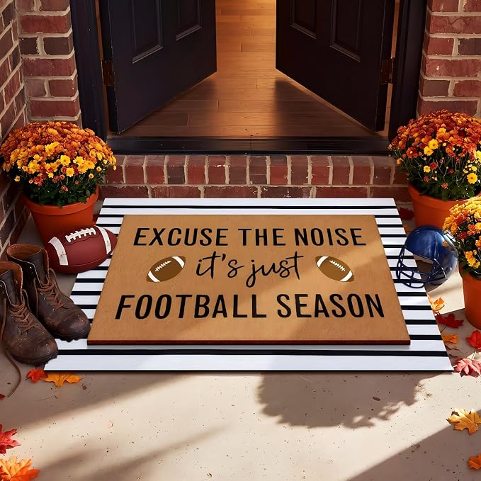 Tinideya 2 Pcs Football Layered Doormat Set, Football Season Funny Quote Welcome Mats with Black White Striped Rug, Non Slip Fall Porch Decor for Game Day Tailgate Entryway Patio