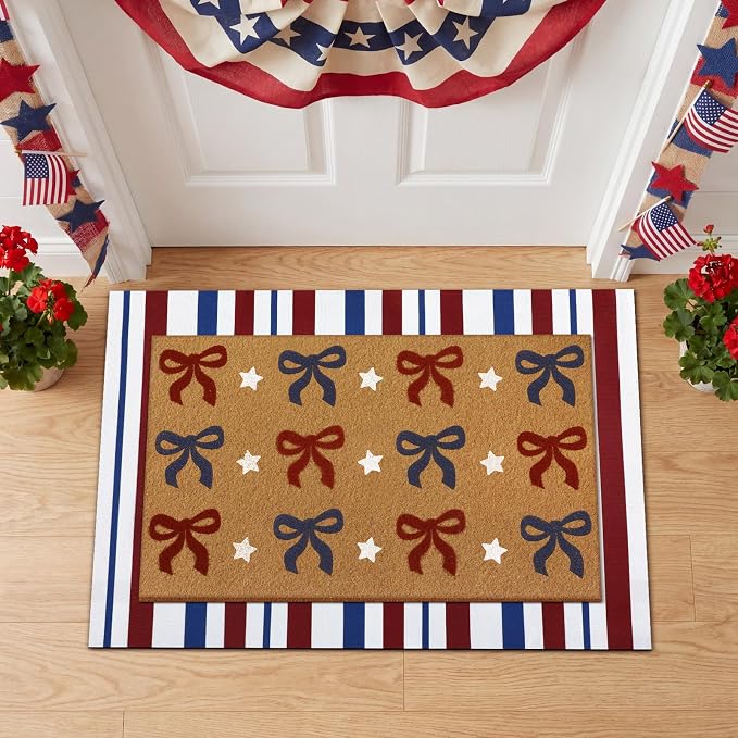 Tinideya 2 Pcs Independence Day Door Mat Patriotic Welcome Non Slip Coir Mats 4th of July Bow Star Floor Layering Doormats Seasonal for Front Porch Entryway Decor(Bow)