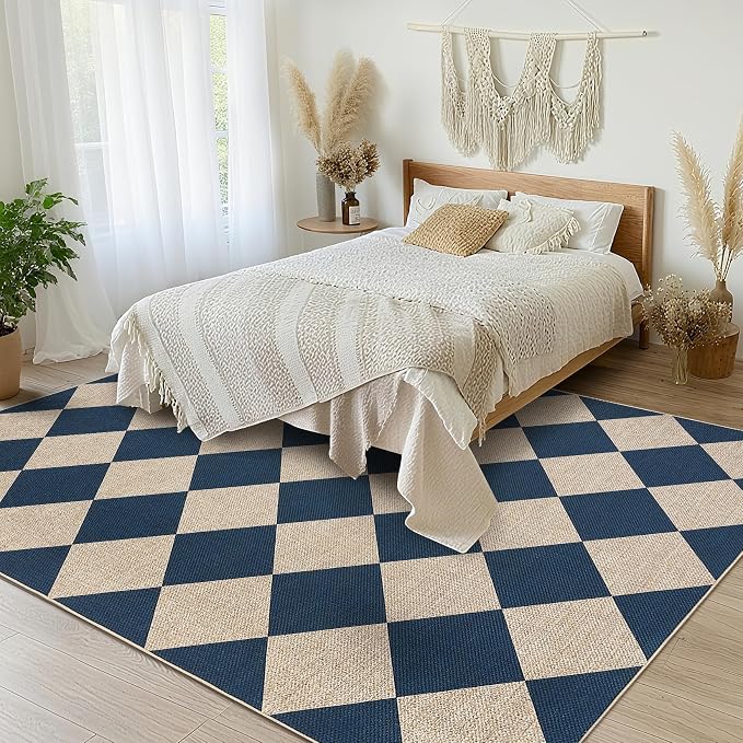 GarveeHome Easy Jute Area Rugs 6x9 for Living Room Non-Slip Backing Checkered Rugs Machine Washable Modern Indoor Outdoor Carpets for Dining Room Nursery Patio Bedroom Backyard Camping Navy Blue